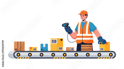 Logistics Efficiency: A focused worker employs a scanner to streamline the process of sorting packages on a modern conveyor belt. This scene depicts the streamlined flow of goods.