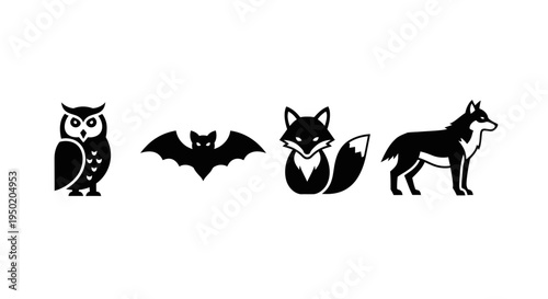 Black silhouettes of nocturnal forest animals.