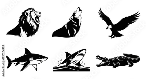 Black silhouettes of various wild animals.