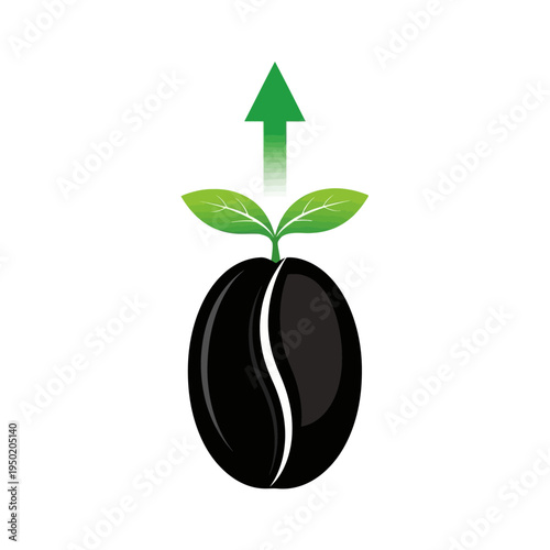 Coffee bean sprouting with green leaves and upward arrow, symbolizing growth and success