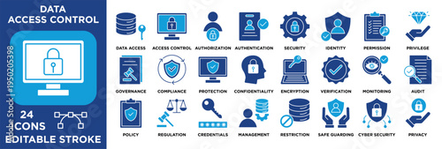 Data access control icon set illustrating permission, privilege, governance, compliance, protection, confidentiality. glyph vector