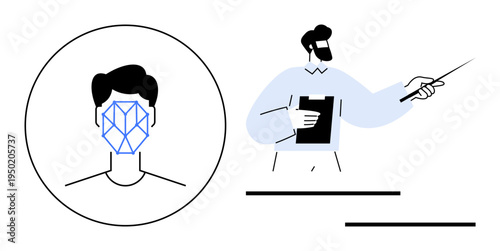 Biometric security, education, data analysis, facial recognition, identity verification, technology concepts. A face scan inside a circle and a figure pointing with a stick. Facial recognition