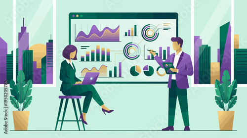 Female financial analyst working on laptop and male project manager presenting data charts on digital board in office, concept for business strategy planning and corporate data analytics performance