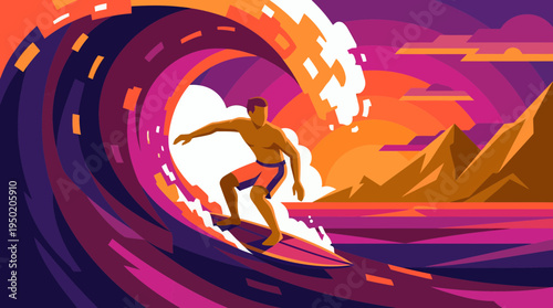 flat vector illustration of a surfer riding a large wave in sunset colors, concept for travel marketing and extreme sports lifestyle promotion