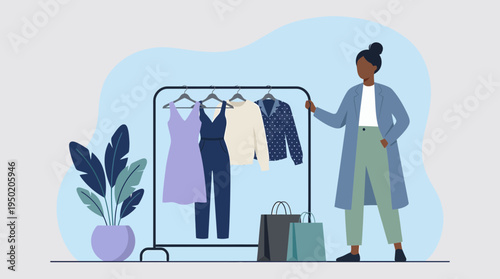 Fashion designer woman standing beside clothing rack with modern apparel and shopping bags, concept for retail business strategy and boutique collection branding