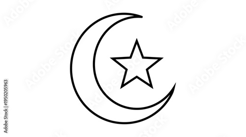 Minimalist black crescent moon with star icon, symbolizing Islamic culture, faith, identity, and tradition, often seen on flags, emblems, and religious representations worldwide.