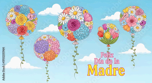 Happy Mother's Day! Beautiful flower balloons floating in a sky with fluffy clouds, celebrating moms