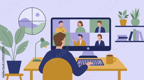 Flat vector illustration of a project manager having a remote video conference call on computer in a modern home office, concept for virtual team meeting and professional digital collaboration