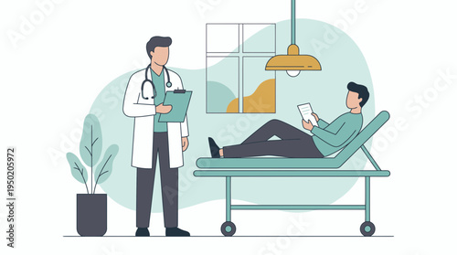 Male physician holding medical clipboard with patient lying on clinic bed, concept for healthcare consultation and hospital service illustration