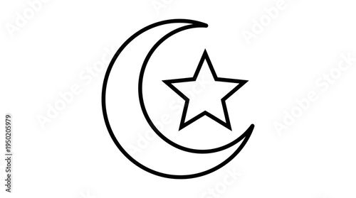 Minimalist black crescent moon with star icon, symbolizing Islamic culture, faith, identity, and tradition, often seen on flags, emblems, and religious representations worldwide.