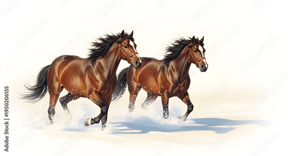 Fototapeta premium Two brown horses gallop through snow with manes flying in the wind against a white background.