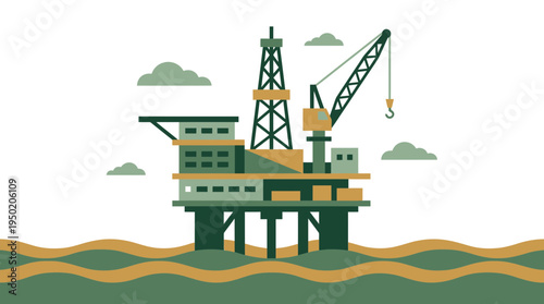 flat vector illustration of oil rig platform on ocean water with industrial tower and crane, concept for energy infrastructure presentation and petroleum industry analysis
