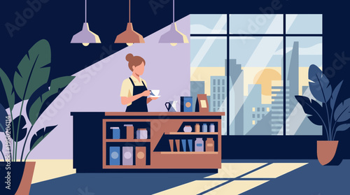 female coffee shop manager holding cup behind counter in modern cafe interior, concept for business lifestyle and hospitality marketing
