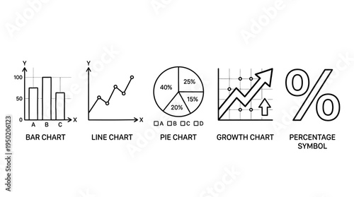 Collection of five data visualization icons including bar chart, line chart, pie chart, growth chart, and percentage symbol, representing analysis, statistics, and business insights.