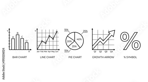 Collection of five data visualization icons including bar chart, line chart, pie chart, growth chart, and percentage symbol, representing analysis, statistics, and business insights.