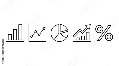 Collection of five data visualization icons including bar chart, line chart, pie chart, growth chart, and percentage symbol, representing analysis, statistics, and business insights.