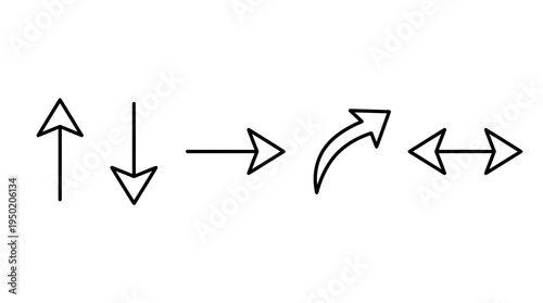 Sequence of five arrows pointing in different directions, symbolizing choices, navigation, movement, and decision-making paths in a clean black-and-white minimalist design.