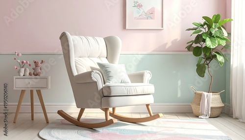 Cozy interior showcases a comfortable white rocking chair, a side table with small decorative items, and a potted plant, 