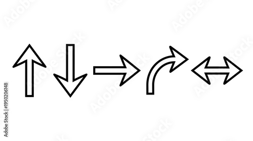 Sequence of five arrows pointing in different directions, symbolizing choices, navigation, movement, and decision-making paths in a clean black-and-white minimalist design.