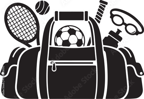 Vector sports bag with soccer ball, tennis racket and accessories