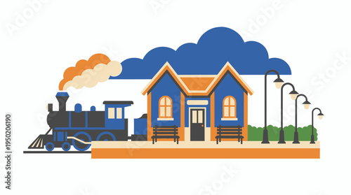 Flat vector illustration of a vintage steam locomotive train at a railway station building platform, concept for travel advertisement and public transportation infrastructure development