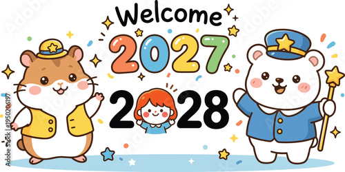 Welcome 2027 cartoon celebration banner, cute hamster and bear characters with colorful numbers, happy new year greeting card vector illustration