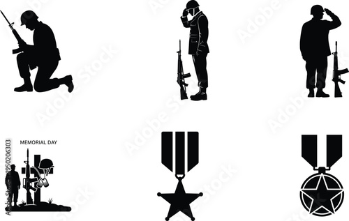 Memorial day tribute with patriotic silhouettes and medals