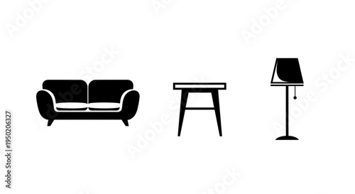 Collection of furniture icons sofa, table, and lamp