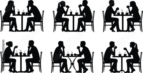 Black silhouette vector illustration set of diverse couples sitting at cafe tables drinking coffee and talking on a white background.