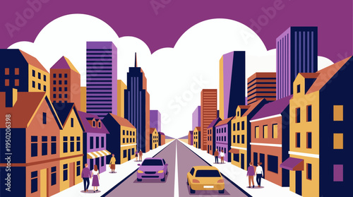 Flat vector illustration of modern city street with tall office buildings and residential houses, concept for urban development presentation and smart city infrastructure planning