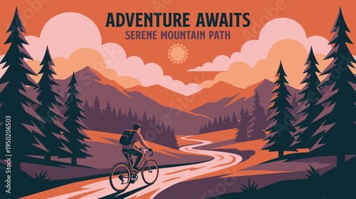 flat vector illustration of cyclist riding bike on mountain path with forest and sunset sky background, concept for outdoor activity promotion and travel advertising
