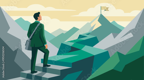 Professional businessman climbing stairs towards a mountain peak with flag, concept for career growth and achievement strategy
