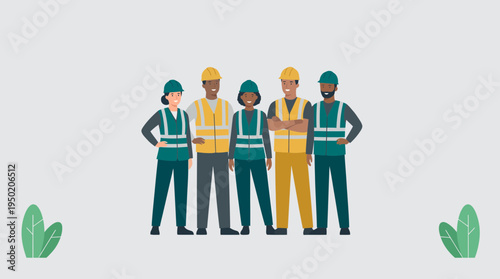 Diverse group of civil engineers and construction workers wearing safety vests and helmets, concept for industrial team collaboration and infrastructure development project presentation