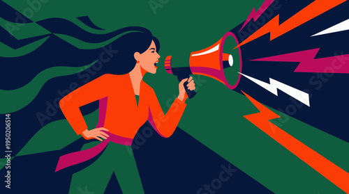 flat illustration of marketing manager shouting into loudspeaker, concept for digital advertising campaign and public announcement strategy
