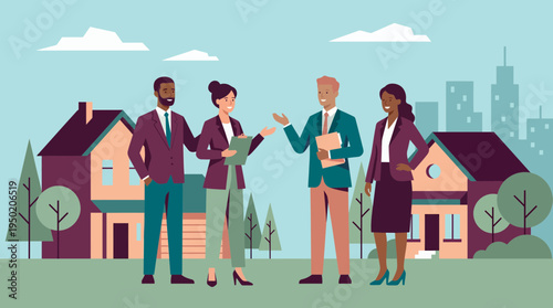 Diverse real estate agents and property consultants discussing building projects outdoors, concept for residential development planning and professional architectural consultation
