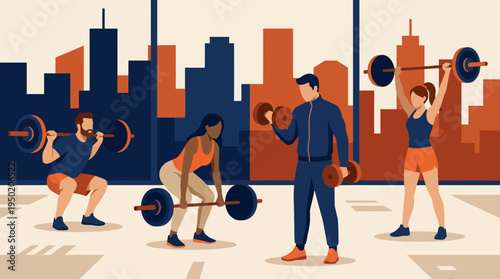 flat illustration of marketing manager and corporate office workers lifting heavy weights at gym, concept for employee wellness program and healthy workplace lifestyle