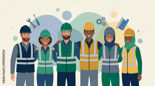 Diverse group of civil engineers and construction site managers wearing safety helmets and reflective vests, concept for teamwork collaboration and industrial infrastructure development projects