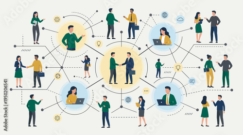 diverse project managers and office staff connecting through global network nodes, concept for professional business collaboration and corporate digital communication