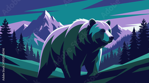 Stylized artistic grizzly bear walking through a mystical pine forest with mountain peaks in the background, concept for wildlife conservation awareness and adventure travel branding