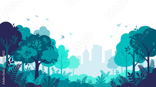 Abstract flat design of lush forest park with city skyline background, concept for sustainable urban development and eco-friendly city planning