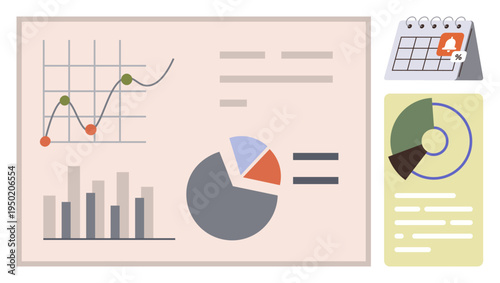 Data analysis, business planning, financial forecasting, market research, performance tracking, schedule management. Various charts with calendar and date reminder. Data analysis and business