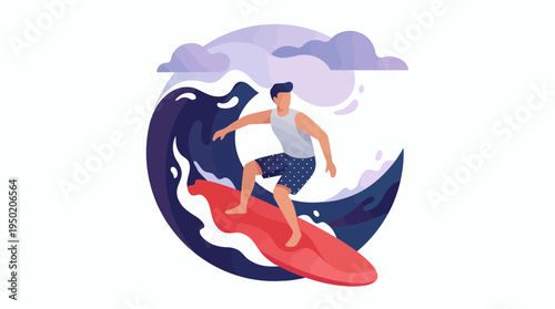 Flat vector illustration of a young man surfing on a large ocean wave with abstract clouds, concept for summer vacation advertising and active leisure lifestyle marketing