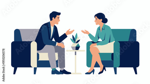 Male project manager and female executive discussing in office armchairs, concept for business consultation and corporate communication