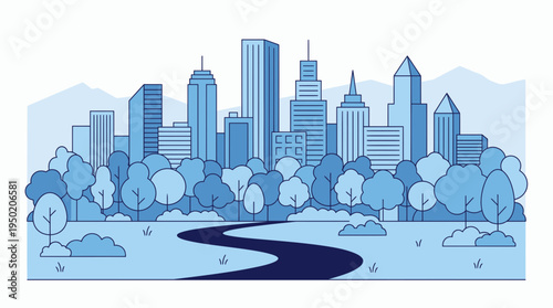 Minimalist blue vector illustration of modern city skyline with skyscrapers and lush forest park, concept for sustainable urban planning and eco friendly city development