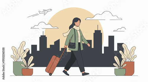 Professional marketing executive walking with luggage against urban skyline, concept for business travel and corporate trip