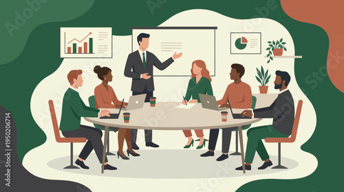 Professional project manager presenting business strategy to diverse office team in conference room, concept for corporate meeting and professional collaboration