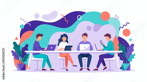 diverse software developers working together on digital devices in colorful abstract office background, concept for team collaboration and modern corporate communication