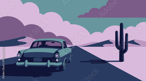 Vintage car driving on a lonely highway through a desert landscape with cactus at sunset, concept for travel advertisement and road trip adventure