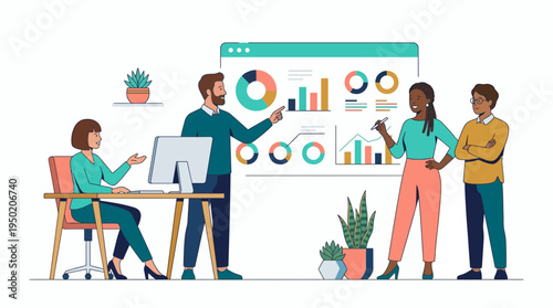 Diverse marketing managers and financial analysts collaborating on data dashboard charts, concept for corporate strategy presentation and professional team business growth analysis