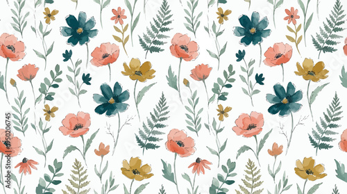 Seamless pattern with watercolor hand drawn wild flowers ferns and botanical leaves in pastel colors, concept for textile design and spring stationery background